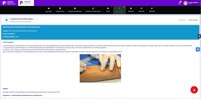 Tela de estudo dirigido com contextualização do procedimento e botão de envio do trabalho
