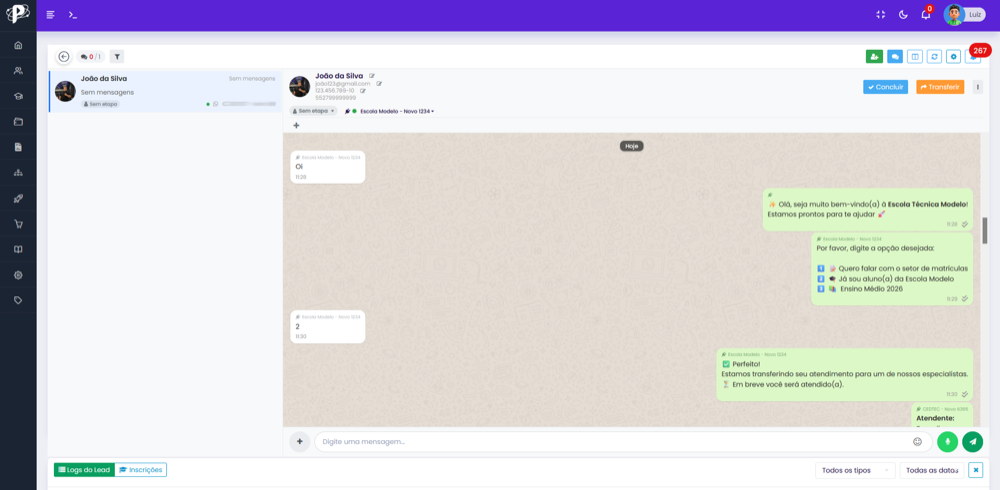 CRM do Pincel Atômico respondendo um lead pelo WhatsApp com fluxo automático