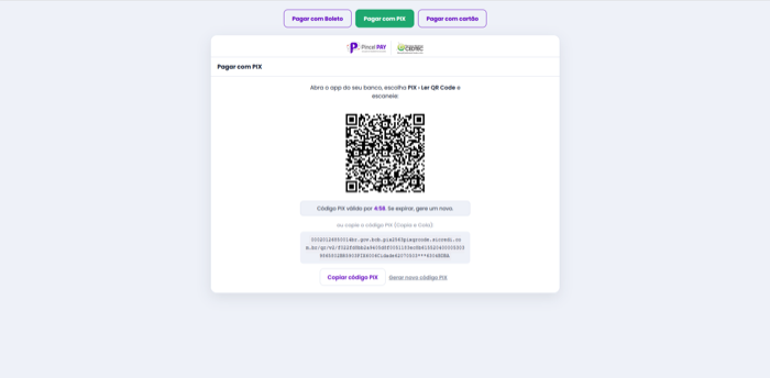 Tela de fatura com QR Code do PIX vinculado à parcela do aluno