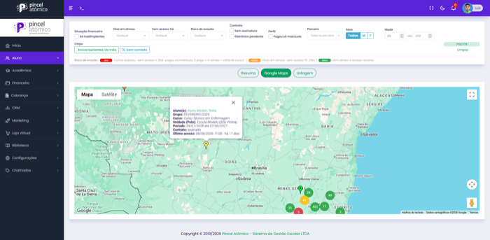 Mapa com a geolocalização dos alunos para identificar o público alvo da instituição